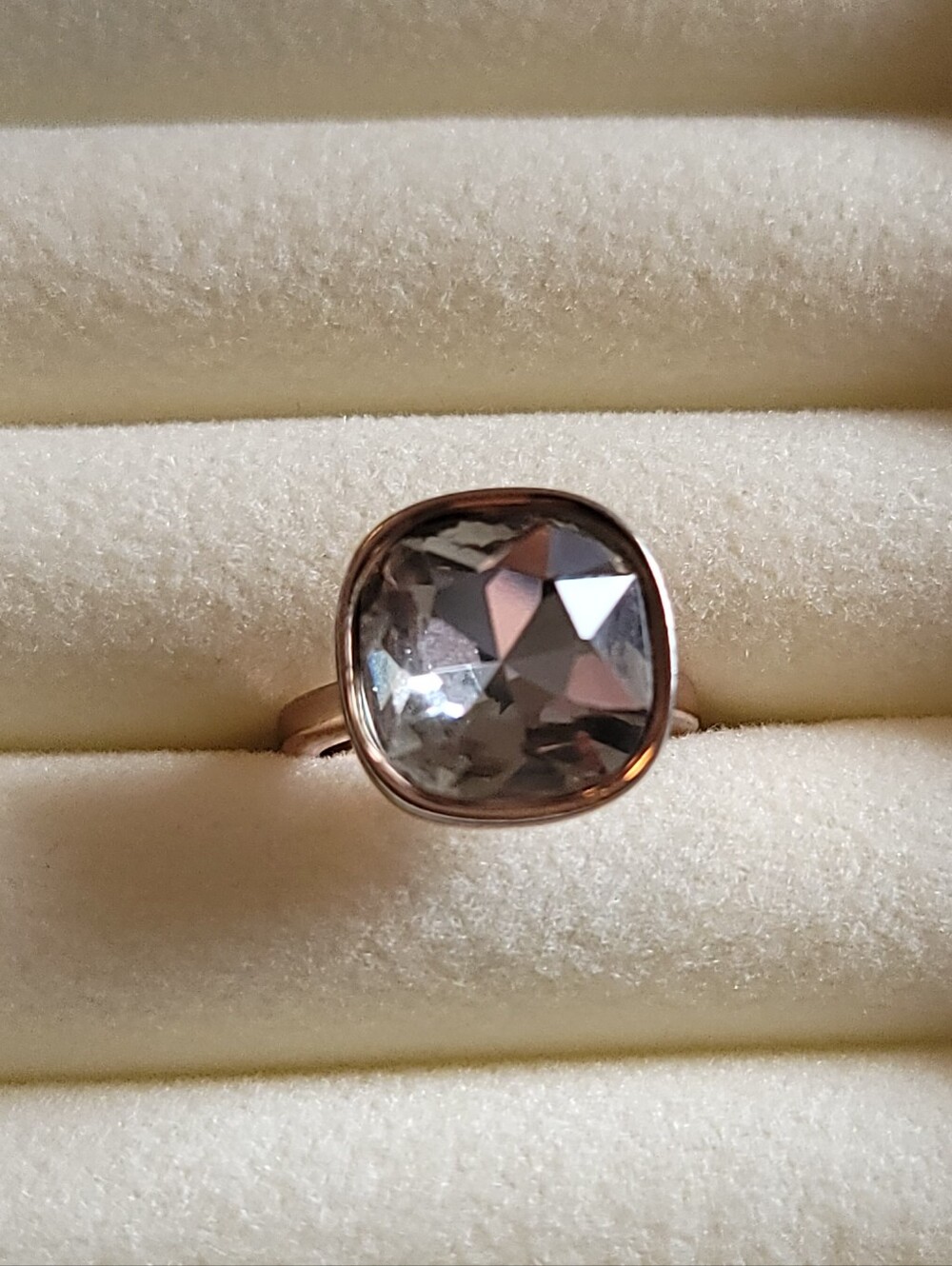 Premier Designs Ring, Rose Goldtone with Bevel Set Cushion Cut Crystal, Size 4.5